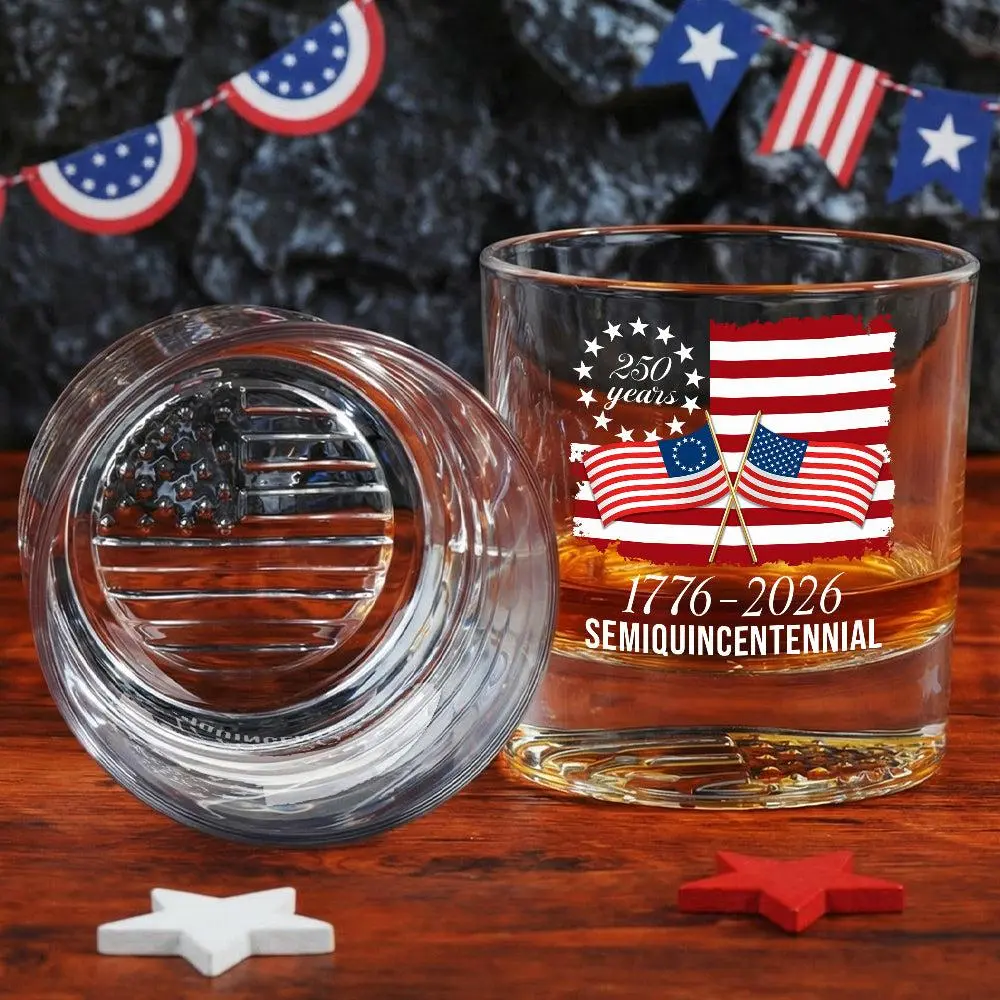 250 Years 1776 Old Fashioned Glass, Patriot America Printed Whiskey Glass
