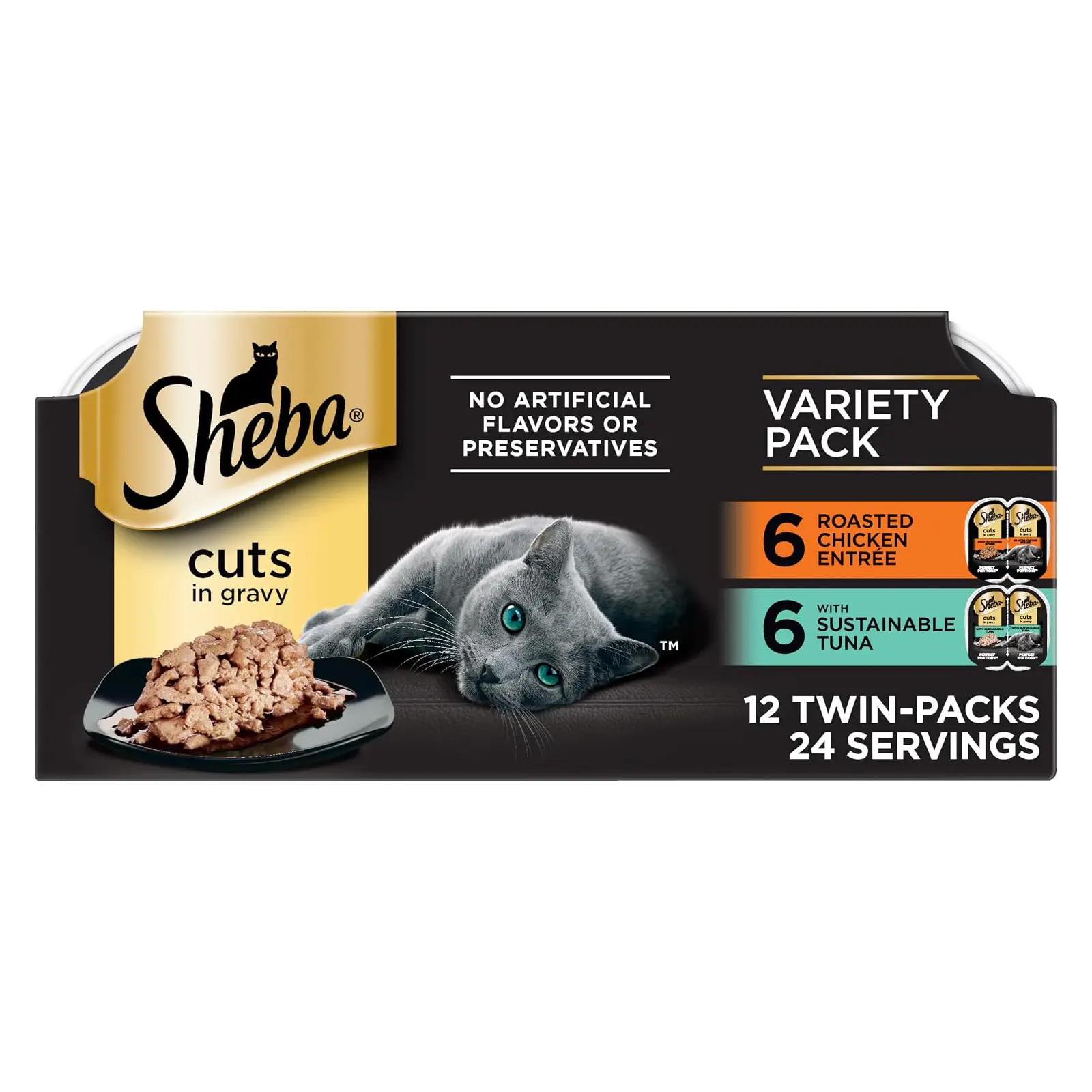 Sheba Perfect Portions Cuts Wet Cat Food, Chicken & Tuna, 2.6 oz, 12 ct Grain-free, Chicken & Tuna in gravy, no corn or soy, no fillers, snap-peel-serve twin-pack trays, zero messy leftovers