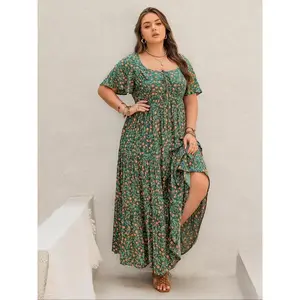 (New)Plus Size Floral Print Ruffle Trim Tie Front Dress, Boho Butterfly Sleeve Square Neck A Line Dress for Beach Vacation Holiday, Women's Clothes for All Seasons, Womenswear