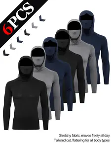 6-Pack Men's UPF 50+ Sun Protection Hoodie Shirts, Quick Dry Long Sleeve Workout Tops with Built-in Neck Gaiter, Breathable Compression Tees for Fishing & Training