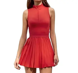 QINSEN Womens Zip Front Tennis Dress High Neck Pleated Sleeveless Two Pieces Golf Athletic Dress with Pockets