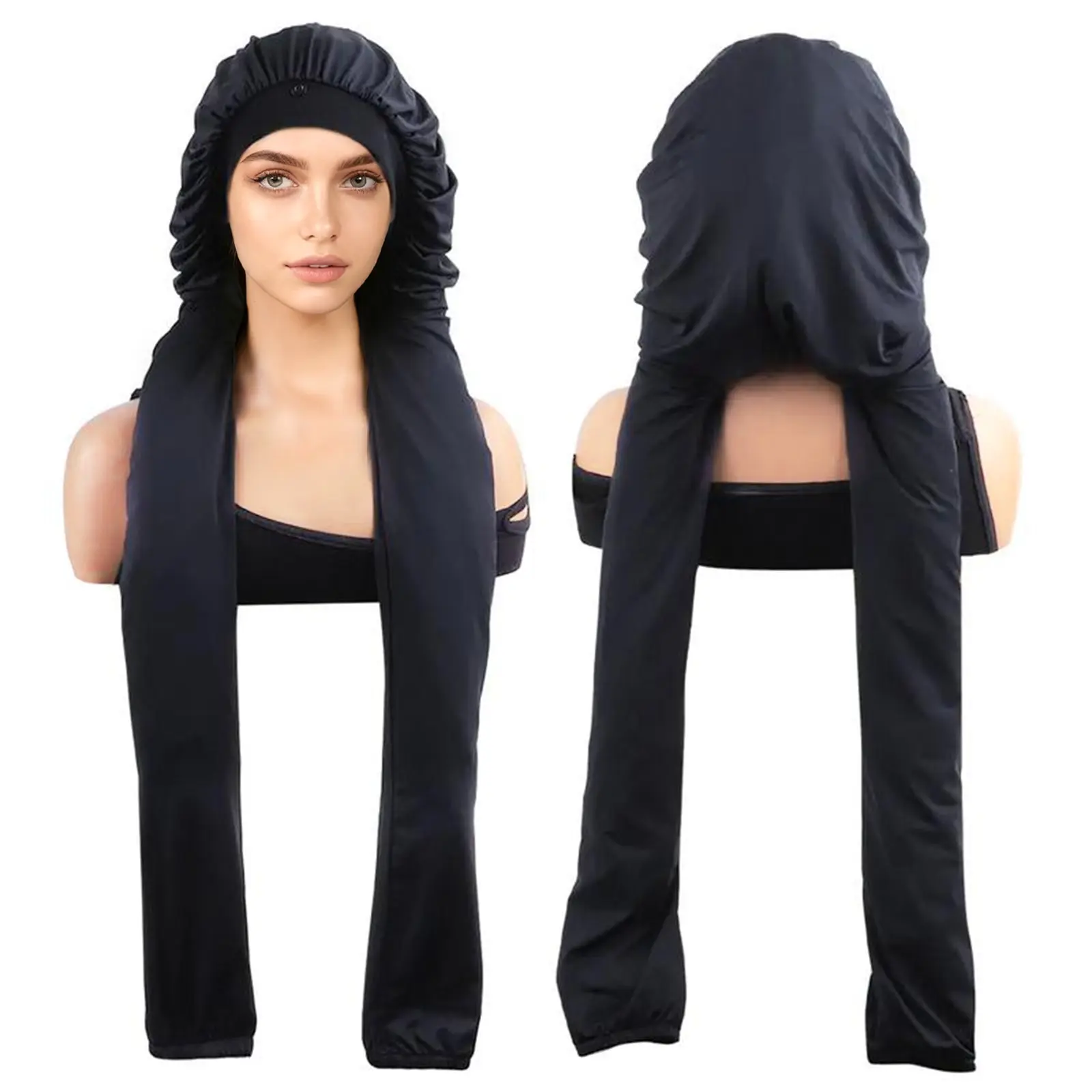 Solid Black Satin Sleep Cap for Women with Long Hair, Braids & Dreadlocks - Smooth & Lightweight Head Wrap with Elastic Band for Sun Protection