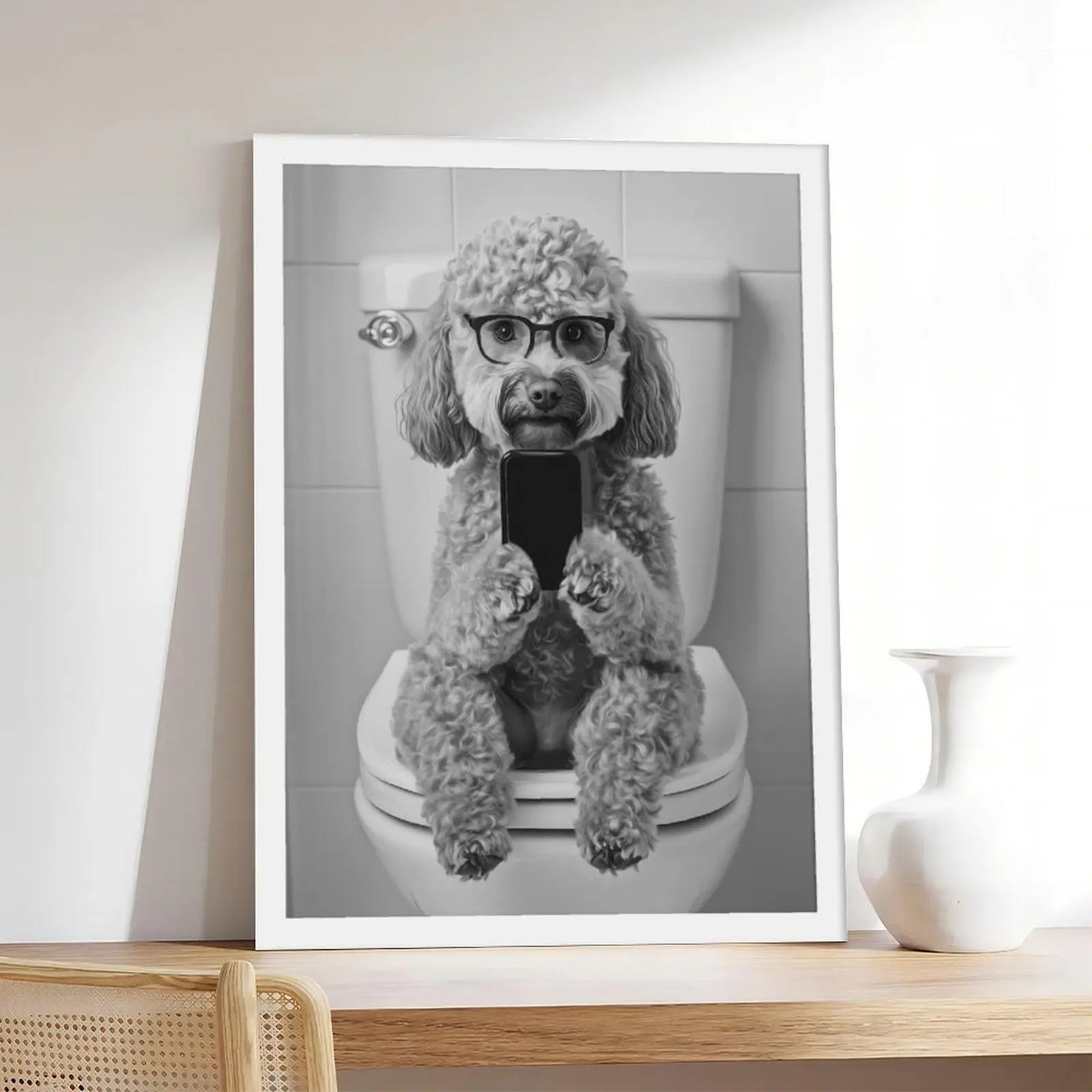 Artistic Labradoodle on Toilet Frameless Canvas Print - Minimalist Neutral-Style Pet Poster, Warm Wall Art Decoration, Bedroom Office Wall Decor, Ideal Gift for Home Supplies Enthusiasts