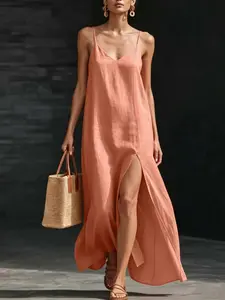 2026 Summer New Pure Color Simple Chic V-Neck Halter Long Dress, Loose Fit Side Slit Casual Evening Dress, Comfortable and Stylish Design