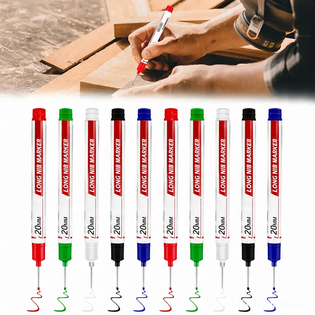 10 Pack Long Tip Marker Pens, 20mm Deep Hole Marker, Waterproof Permanent Ink Quick Dry Markers for Construction, Bathroom Installation, Woodworking and Outdoor Work