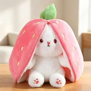 25cm Cute Strawberry Carrot Rabbit Plush Toy Stuffed Animal Creative Into Fruit Transform Baby Cuddly Bunny Doll for Kid Birthday Gift