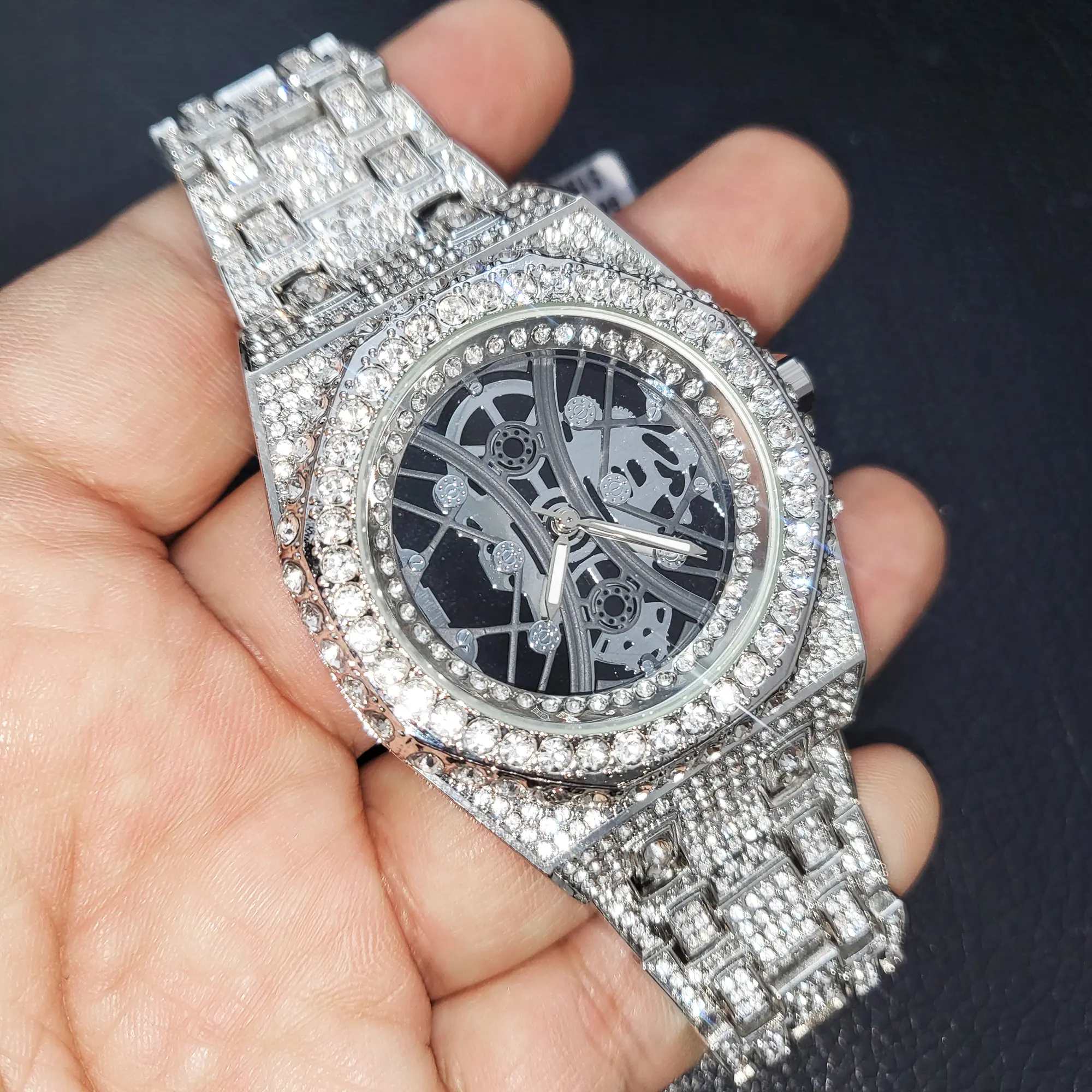MaxBling81 Watch for Men, 43mm Luxury Iced Out Style with Skeleton Face, VVS Diamond Simulate Stones and a Diamond-Encrusted Band, Glamorous, Luxury Wear, Male Watch, Octagon Dial, Alloy, Clasp, Analog, Diamond-Encrusted Metal Band