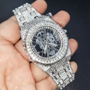 MaxBling81 Men's Luxury 43mm Waterproof Skeleton Face Quartz Watch - Silver Finish, Iced Out Octagon Bezel, Arabic Octagon Dial, Fully Iced Band, Diamond-Encrusted Fashion Timepiece, Iced Out Bezel