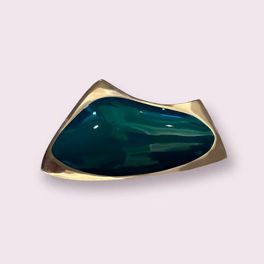 Enameled Tray in Green and Gold. Serving Tray/ Shelf Décor, Dresser Tray, Enameled Painted. 8.5” x 4.5”