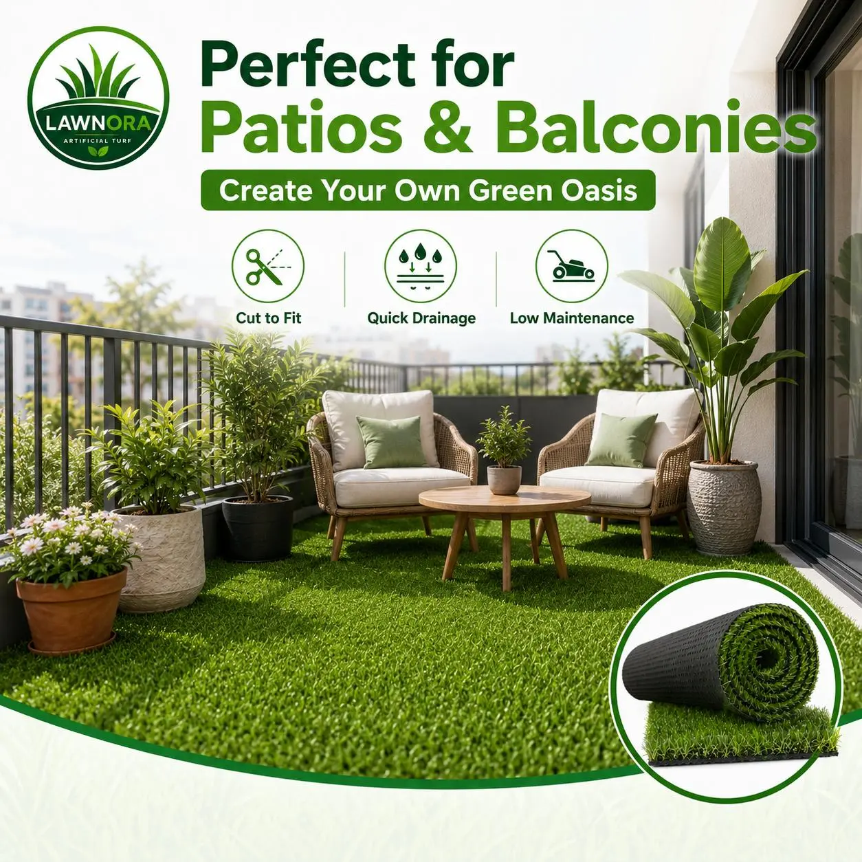 LAWNORA Artificial Grass Turf Roll, 0.4 in Low-Pile Realistic Synthetic Lawn Rug with Drainage Holes, Pet-Friendly UV-Resistant Fake Grass Carpet, Easy-Cut Indoor Outdoor Turf for Dogs, Patio, Balcony, Backyard & Garden