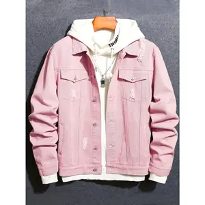 [Cotton Solid Pink Denim Jacket] 100% Cotton Men's Classic Solid Pink Denim Jacket - Button-Up with Flap Pockets, Non-Stretch Fabric, Machine Washable - Ideal for Casual Attire