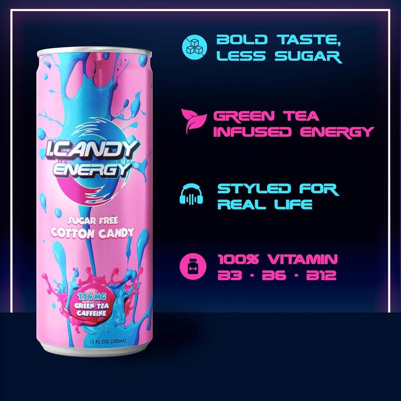 I.CANDY Energy Drink Sugar Free Cotton Candy Flavor Caffeine Infused 4-Pack 12 Fl Oz Perfect for Hustle Grind & Party Natural Caffeine from Green Tea Beverage
