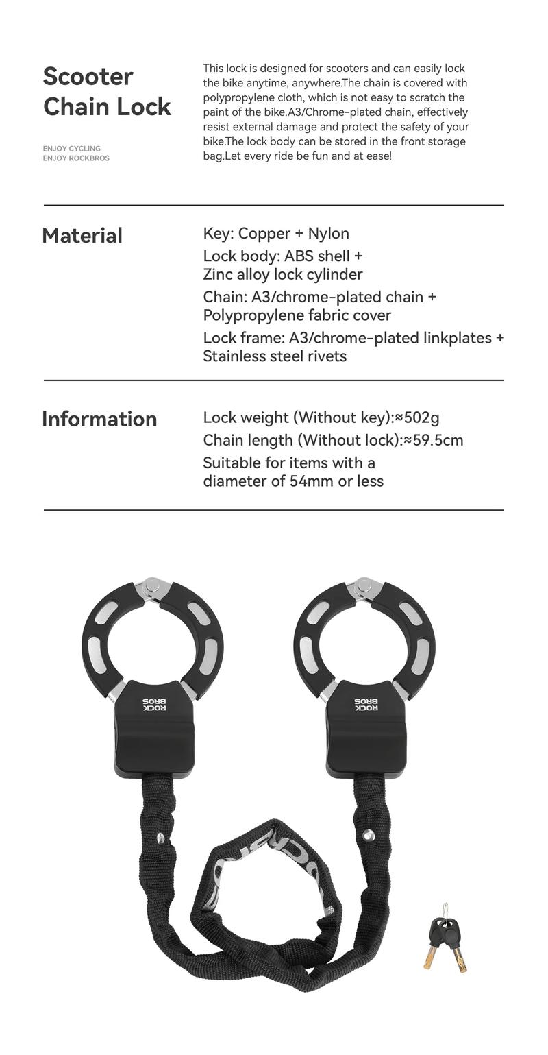ROCKBROS Heavy Duty Bike Lock & Scooter Lock 23.4-Inch Anti-Theft Chain Lock with Key ABS Housing A3 Chrome-Plated Steel Chain for E-Bikes Durable Construction