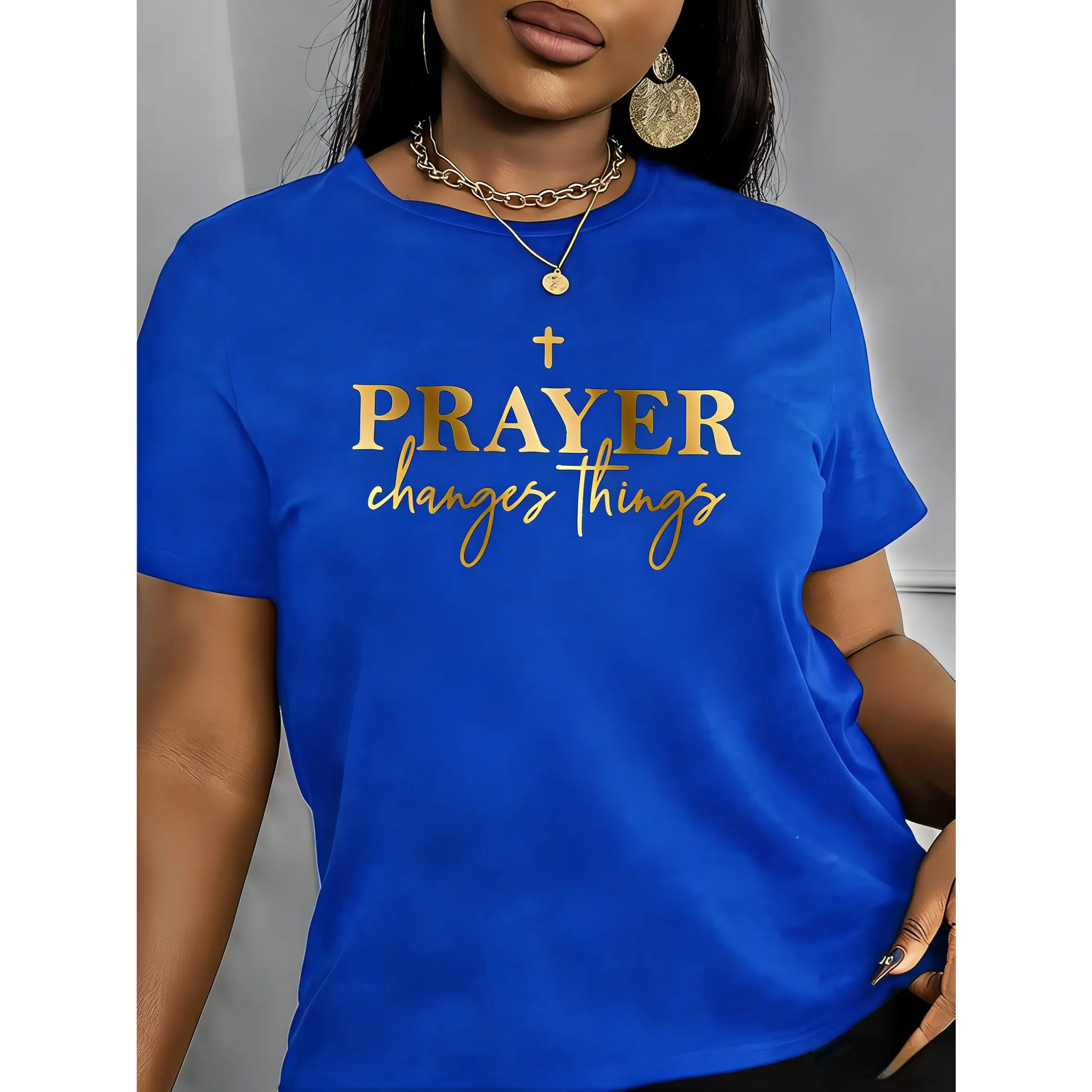 Women's 100% Cotton Short-Sleeve T-Shirt - Smooth Fabric, Flat Round Neck, Elegant Polyester Graphic Print, Spring/Summer Wear