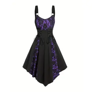 Vintage Gothic Rose Lace Mini Dress with Tie Waist and Heart Neckline - Black and Purple Floral Pattern, Perfect for Parties and Outings, Adult Women'S Fashion, Spring/Summer Dress|Gothic Style|Floral Pattern Dress, Gothic Dress