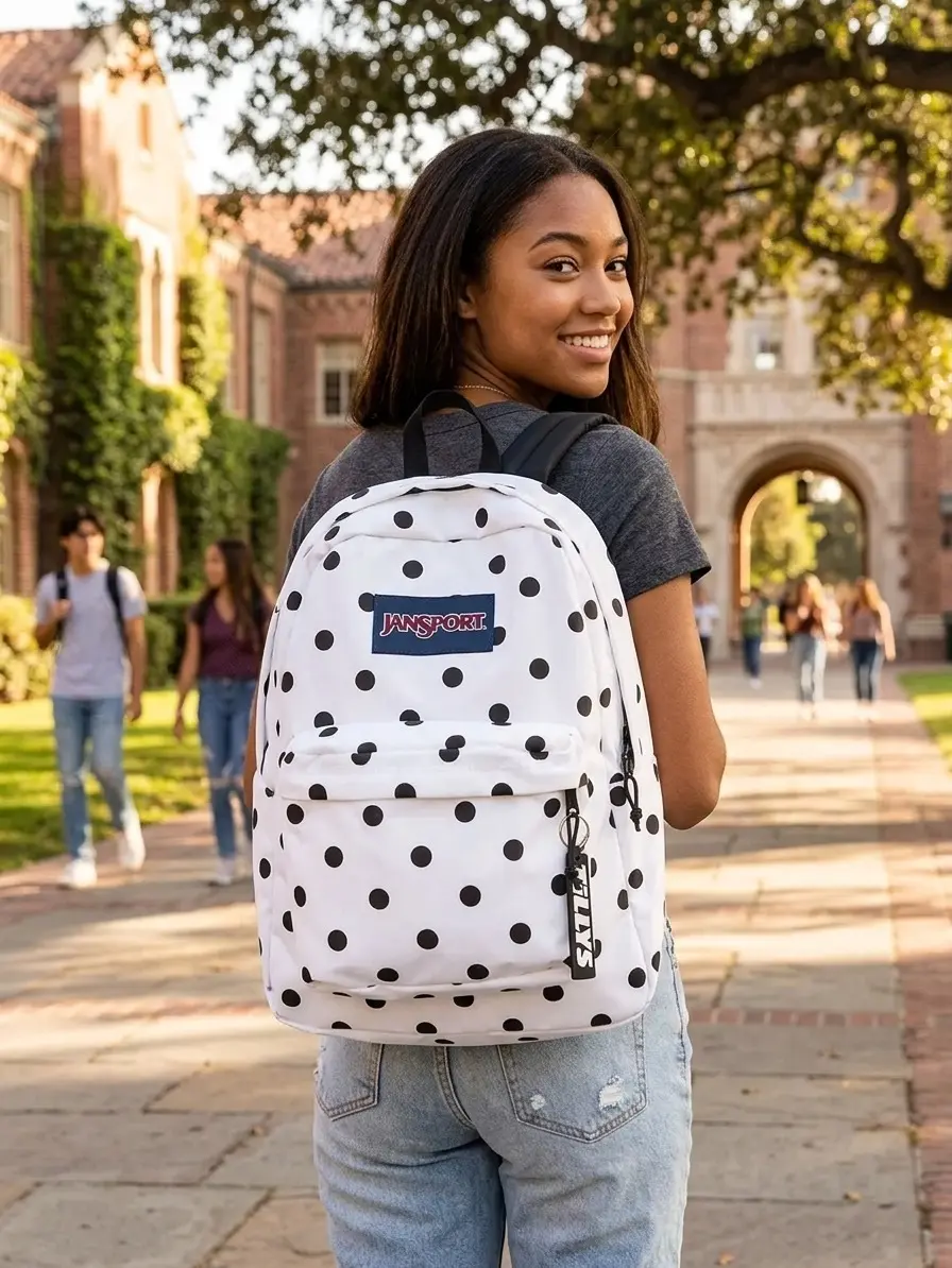 Jansport Classic Everyday Backpack – Lightweight School & Travel Backpack with Spacious Storage, Multiple Pockets & Comfortable Straps polka dot schoolbag