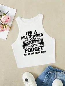 Women's Letter Print Round Neck Tank Top, Casual Sleeveless Top for Daily Wear, Ladies Clothes for All Seasons, Socks