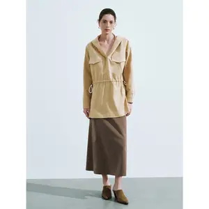 URBAN REVIVO 2026 Spring Women's Long Sleeve Casual Hooded Tunic Top - Thick Cotton Fabric, Utility Overhead Shirt with Flap Pockets (UWH240122)