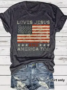 Women's American Flag Print Round Neck Tee, Vintage Trendy Casual Short Sleeve T-shirt for Daily Wear, Ladies Summer, Top