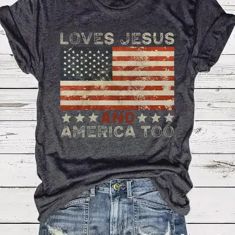 Women's American Flag Print Round Neck Tee, Vintage Trendy Casual Short Sleeve Fit Crewneck T-shirt for Daily Wear, Ladies Summer, Top