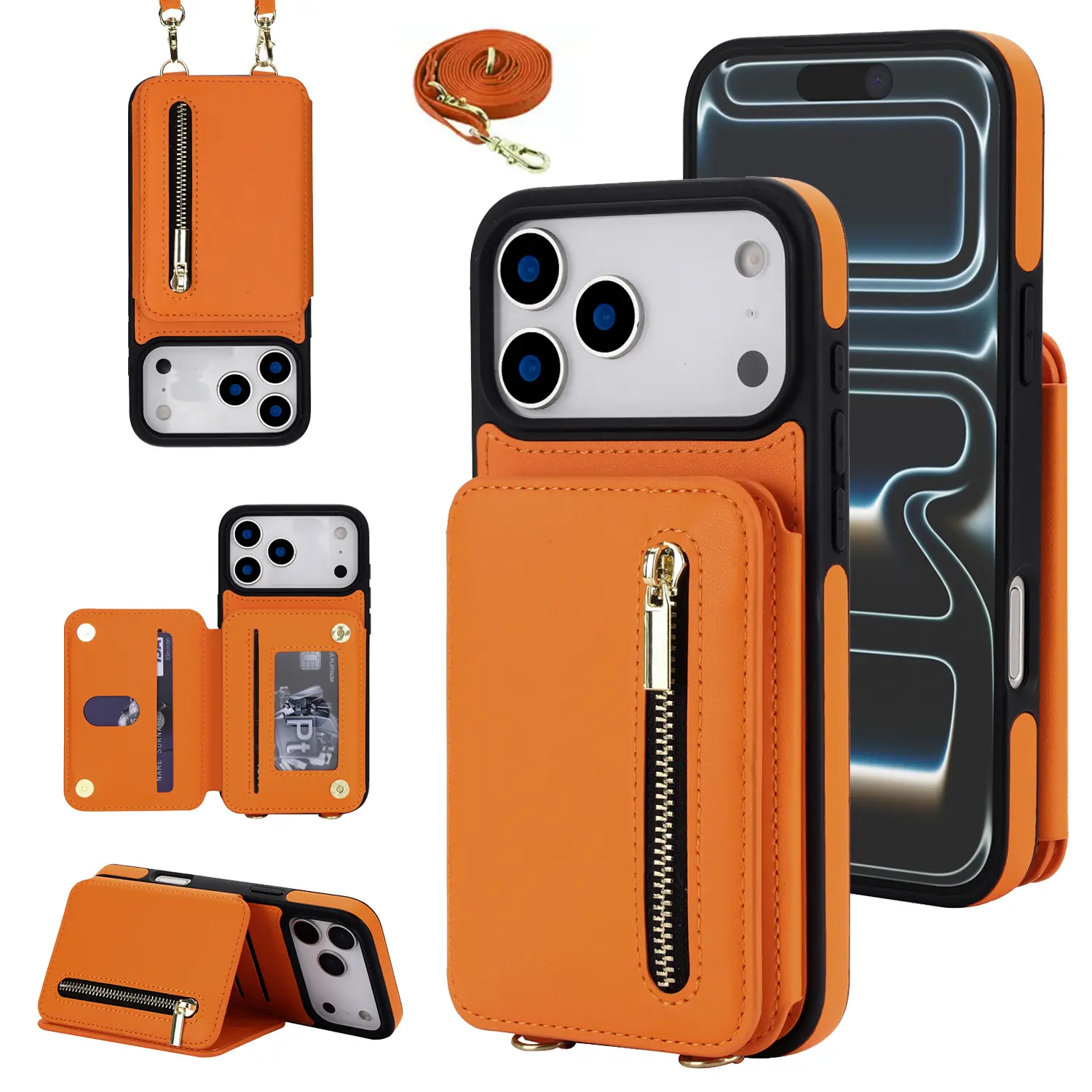 Crossbody Wallet Case for iPhone 17 16 15 14 Pro Max iPhone Air 13 12 11 Pro Pro Max PU Leather RFID Blocking Card Wallet Flip Stand, Crossbody Lanyard Strap Wristband