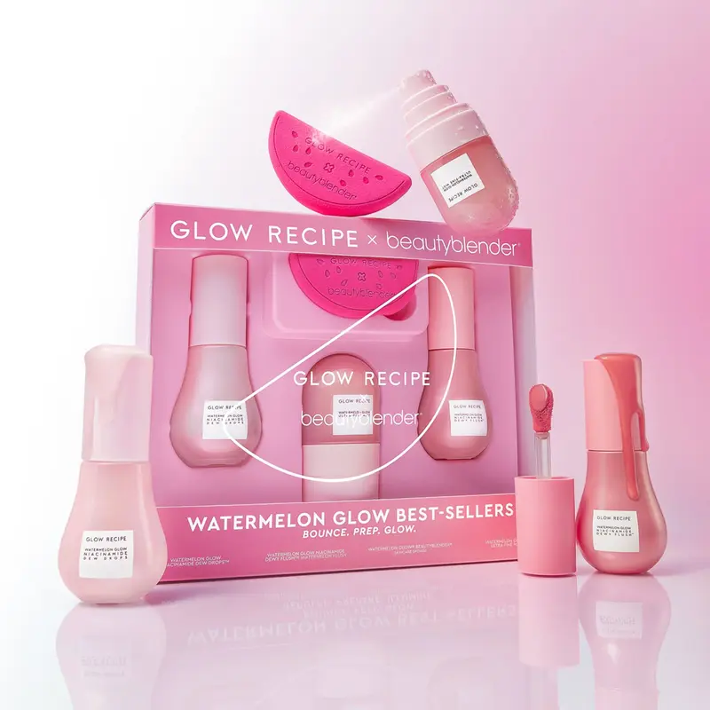 Glow Recipe Korean Watermelon Best-Sellers Skincare Set - Limited Edition Beautyblender, Hydrating Moisturizer, Gentle Moisture-Boosting Dewy Glow Up Gift Box for Dull Skin