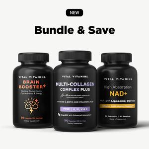 Vital Vitamins Age Defying Bundle - Multi-Collagen Plus with Biotin, Hyaluronic Acid, Vitamin C, Type I, II, III, V, X Collagen for Hair- Brain Booster Plus for Memory, Focus, Concentration, Neuro Energy, Clarity - NAD+ for Cellular Anti-Aging Support