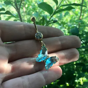 Blue Crystal Butterfly Belly Button Ring