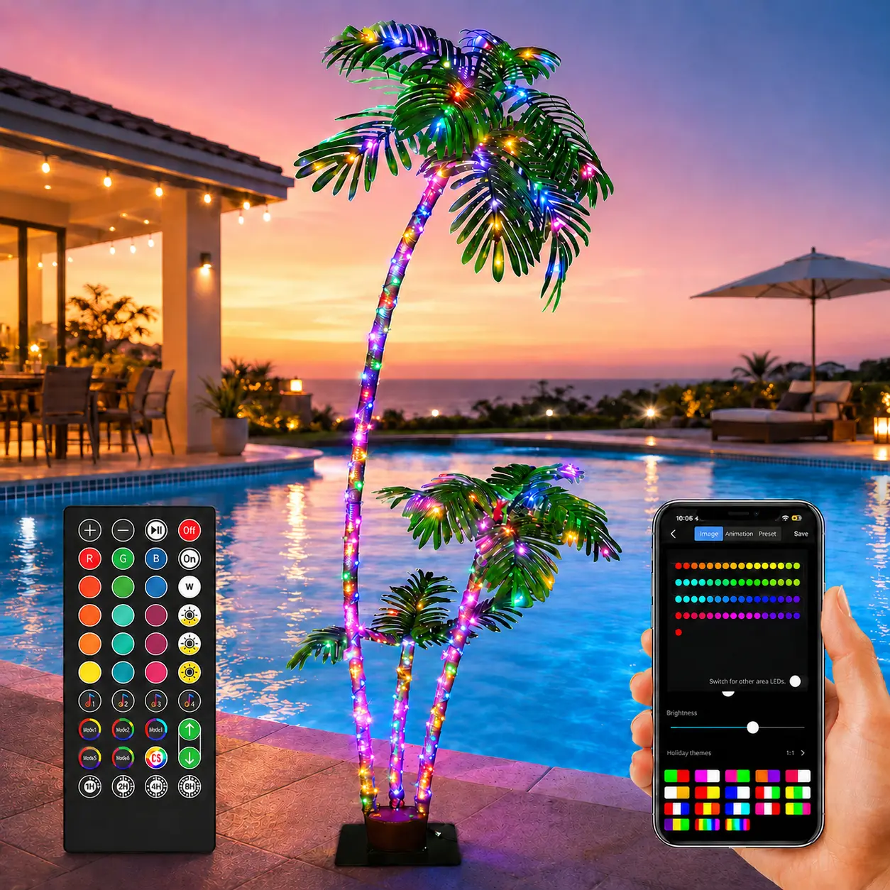 Avatar Controls 7FT Smart Pre-Lit Lighted Artificial Palm Tree, DIY Color Changing LED, 3 Trunks, Music Sync & Timer, App & Remote Controlled Large Faux Palm Tree, Outdoor Patio, Poolside, Party, Tiki Bars, Mother’s Day Gifts, Yard Decor Lighting