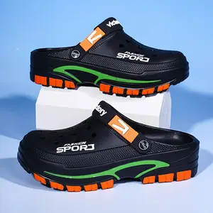 SORABOL2025 Summer Men'S Lightweight Breathable Slip-On Clogs - Durable EVA Beach Shoes With Ventilation Holes, Black & Orange Design For Casual Casual Attire, Summer Footwear |     Trendy Slipon Shoes |     Lightweight Footwear