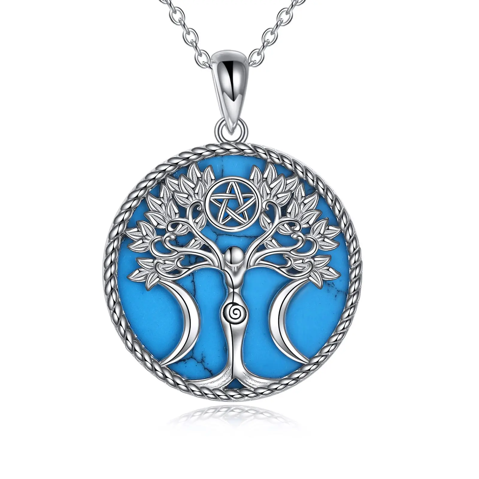 Unisex Standard Size Sterling Silver Triple Moon Goddess Necklace - Tree of Life, Pentagram Pentacle Pendant, Pagan Wiccan Magical Symbolism Amulet Charm Jewelry (E-Turquoise Tree of Life), Unisex Fit