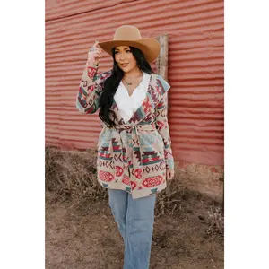 LADIES LONG AZTEC WESTERN OPEN COAT WITH HOOD. L-25918