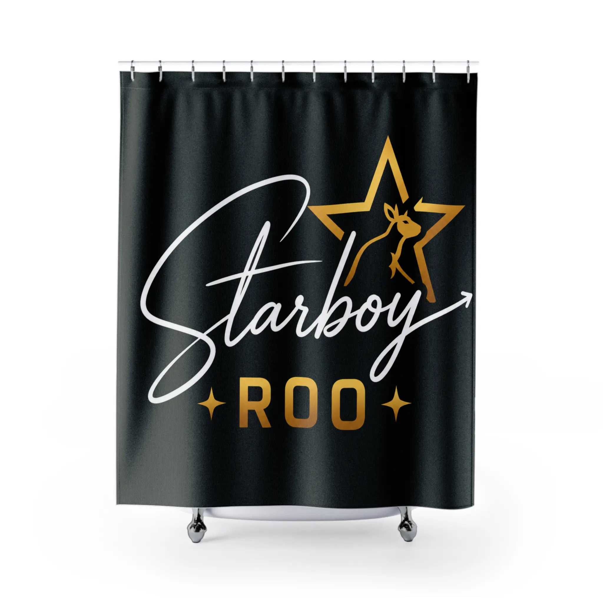 Starboy Roo Shower Curtain | Black Gold Star Astronaut Silhouette