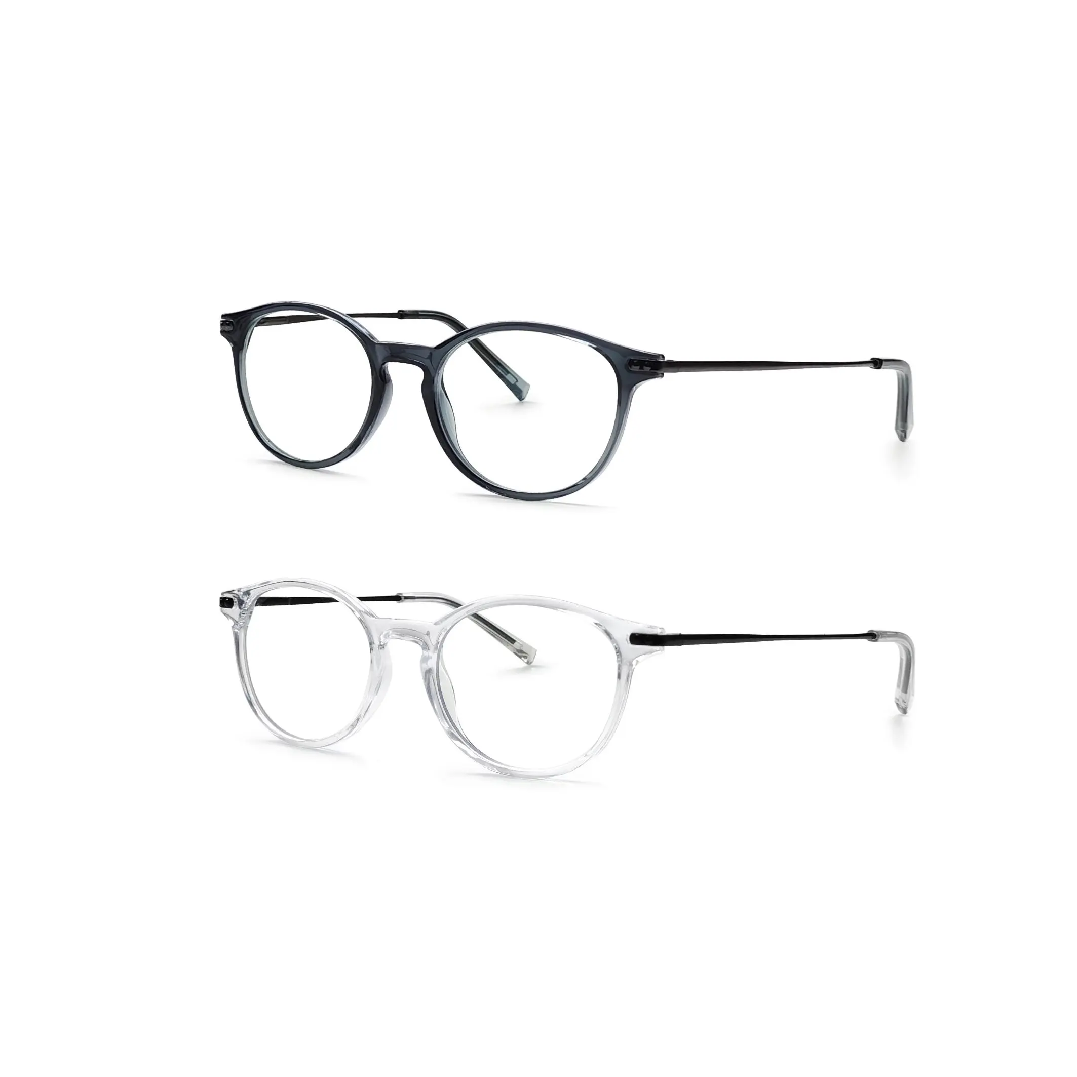 YOFOZEAL Unisex 2-Pack Blue Light Glasses - Retro Round Full Rim Plastic Frames, Anti-Eyestrain UV Glare Protection PC Eyewear for Computer Gaming (Black/Crystal/Amber), Anti Eyestrain Eyewear, Blue Lights Glasses, Anti-Light Non-Prescription Glasses, Cry