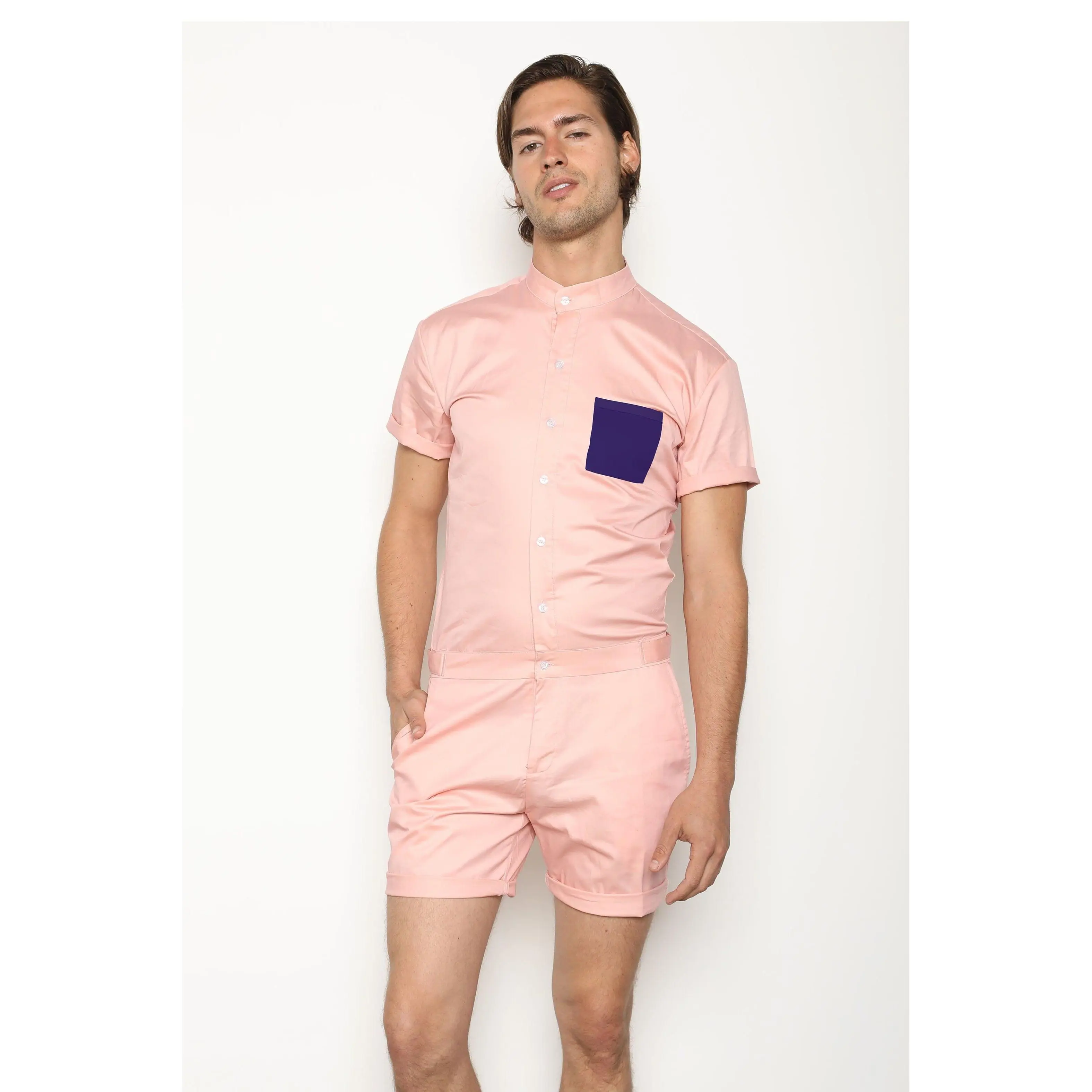 RomperJack California Two Tone Pink Romper Limited Edition Short Sleeve Fitted Above The Knee Summer Function Classic Style Premium Stretch Fabric Zipper Front Side Pockets Elastic Waistband
