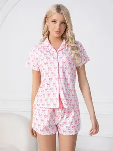 Sweet Girl Bowknot Print Sleepwear Set, Pajama Set, Premium Fabric, Soft and Smooth, Loose Fit Button-Up Short Sleeve Top and Shorts