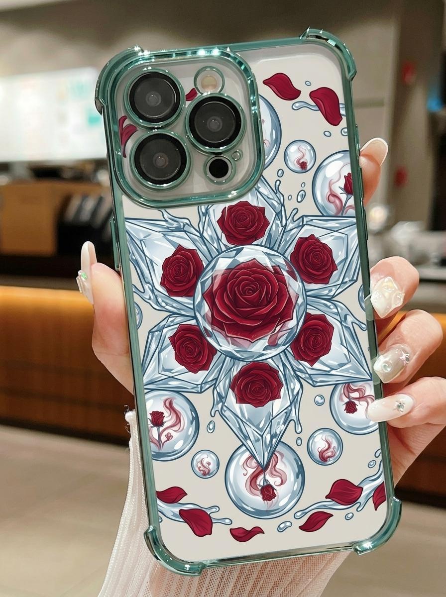 Advanced Ice Crystal Rose Phone Case Supports iPhone 12/13/14/15/16/17 Full Series Pro/ProMax/Plus Ice Blue Water Pattern Decoration, Four Corner Thickened Airbag Design Anti Drop Protection Phone Case