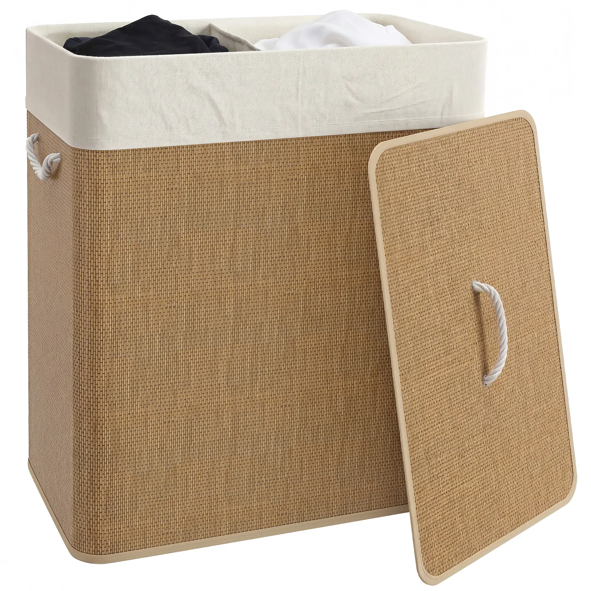 Double Laundry Basket with Lid – 26.4 Gallon Bamboo Laundry Hamper with Rope Handles and Removable Liner. 2 Compartments. Washable Bags. Brown