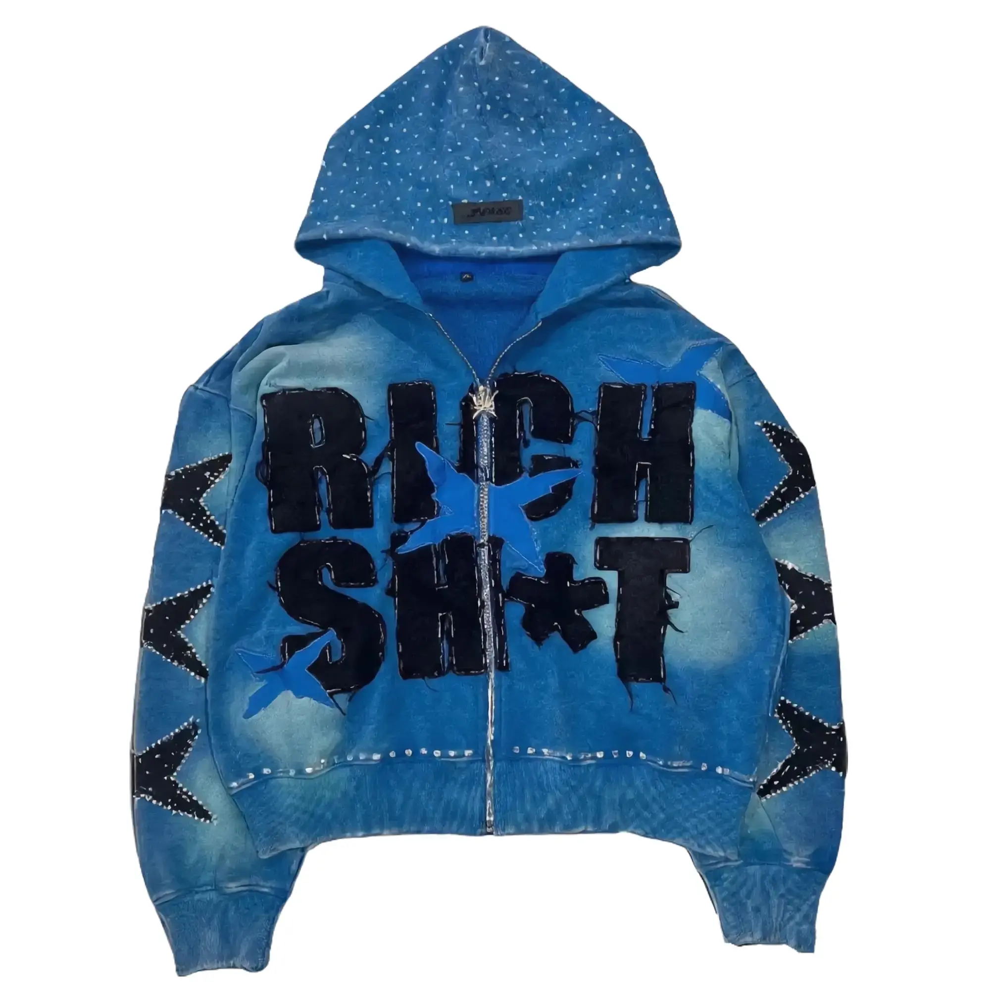 Men's Y2K High Street Zip-Up Hoodie - Patchwork Design, Rhinestone Accents