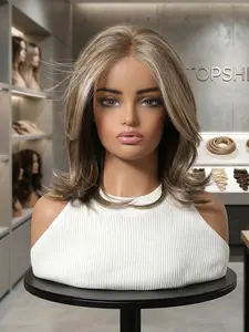 [Summer New Arrival] TOPSHE MONO 5.5*5 Glueless Short Layered Wavy Ash Blonde Balayage Ombre Wig, 14 Inches, with Natural Dark Roots, Heat-Resistant Synthetic Transparent Lace Front Wig for Women, Realistic Daily Style, Beginner-Friendly.