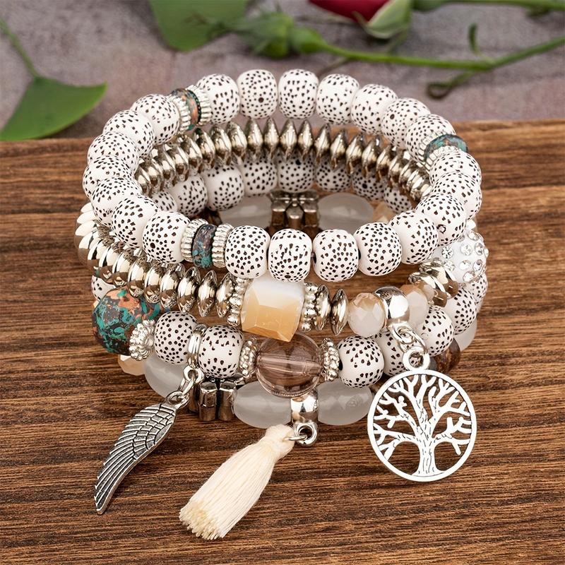 Bohemian Style 12/36pcs Tassel Multi-Layer Wooden Bead Elastic Bracelet with Butterfly Elephant Tree Pendants Handmade Unisex Bangle Colorful Wristband for Party Gifts & Daily Wear