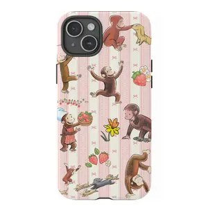 Cute Curious Monkey Phone Case - Coquette Strawberry Collection Playful George Phone Case For Iphone Samsung Google Pixel