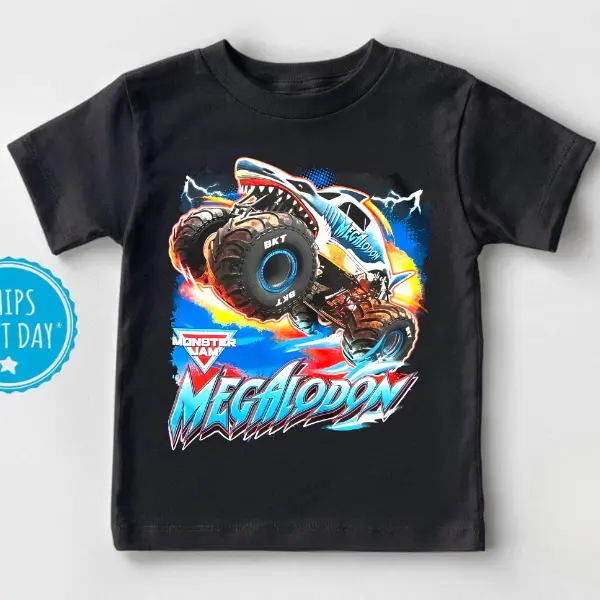 Youth and Adult Monster Megalodon Youth T-Shirt, Boys Girls Monster Truck Graphic Tee, Shark Megalodon Racing Shirt for Fans & Birthday Gift, Youth Casual Wear, Gift For Son And Daughter, family matching shirt, holiday shirt, youth clothing