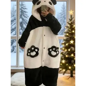 Women's ultra soft plush panda hooded wool robe, comfortable button down long pajama jacket, suitable for family gifts and holiday pajamas