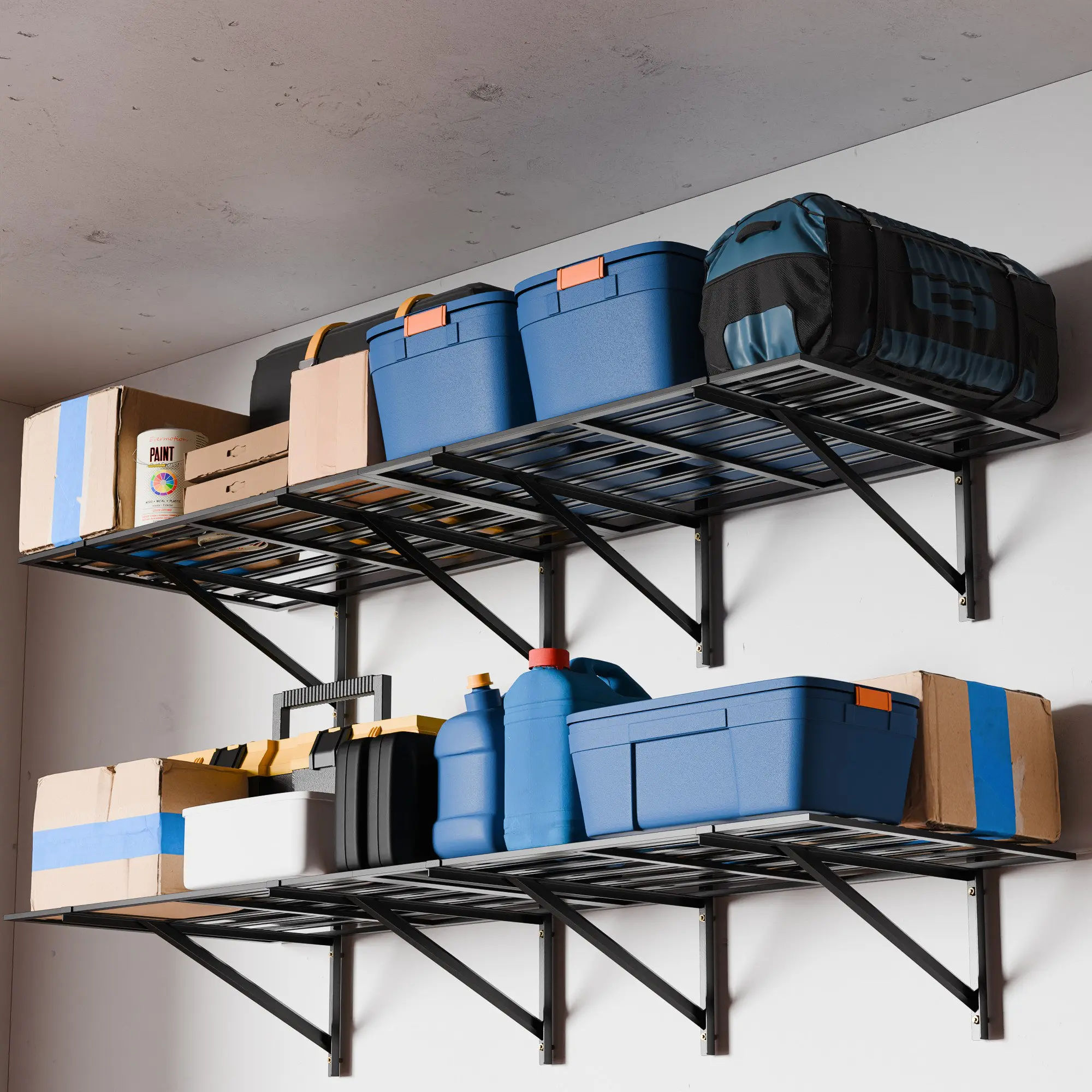Cozy Castle Classic Series 2-Pack Wall Mounted Floating Shelves, 2x6ft (24inx72in) Heavy Duty Garage Shelf, 1600 lbs Load Capacity, Black, Includes Installation Bubble Level Guide, Garage Storage, 1'X3' 4‑Shelf Tiers