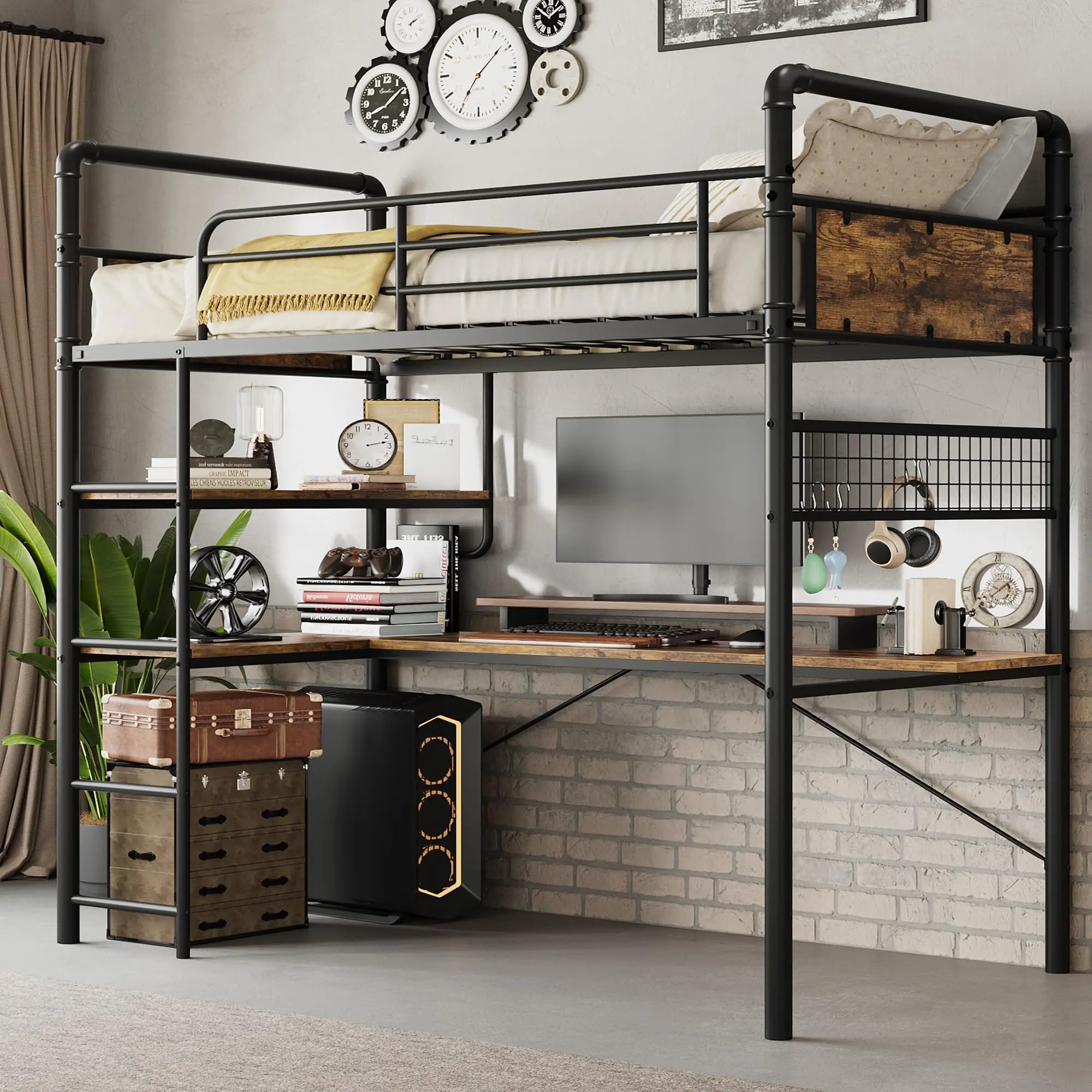 Garvee Loft Bunk Bed with L-Shaped Desk, Twin Loft Bed with Desk Underneath, Metal Bunk Beds with High Guardrail and Ladder for Teens and Adults, Easy Assembly, Vintage Brown Finish
