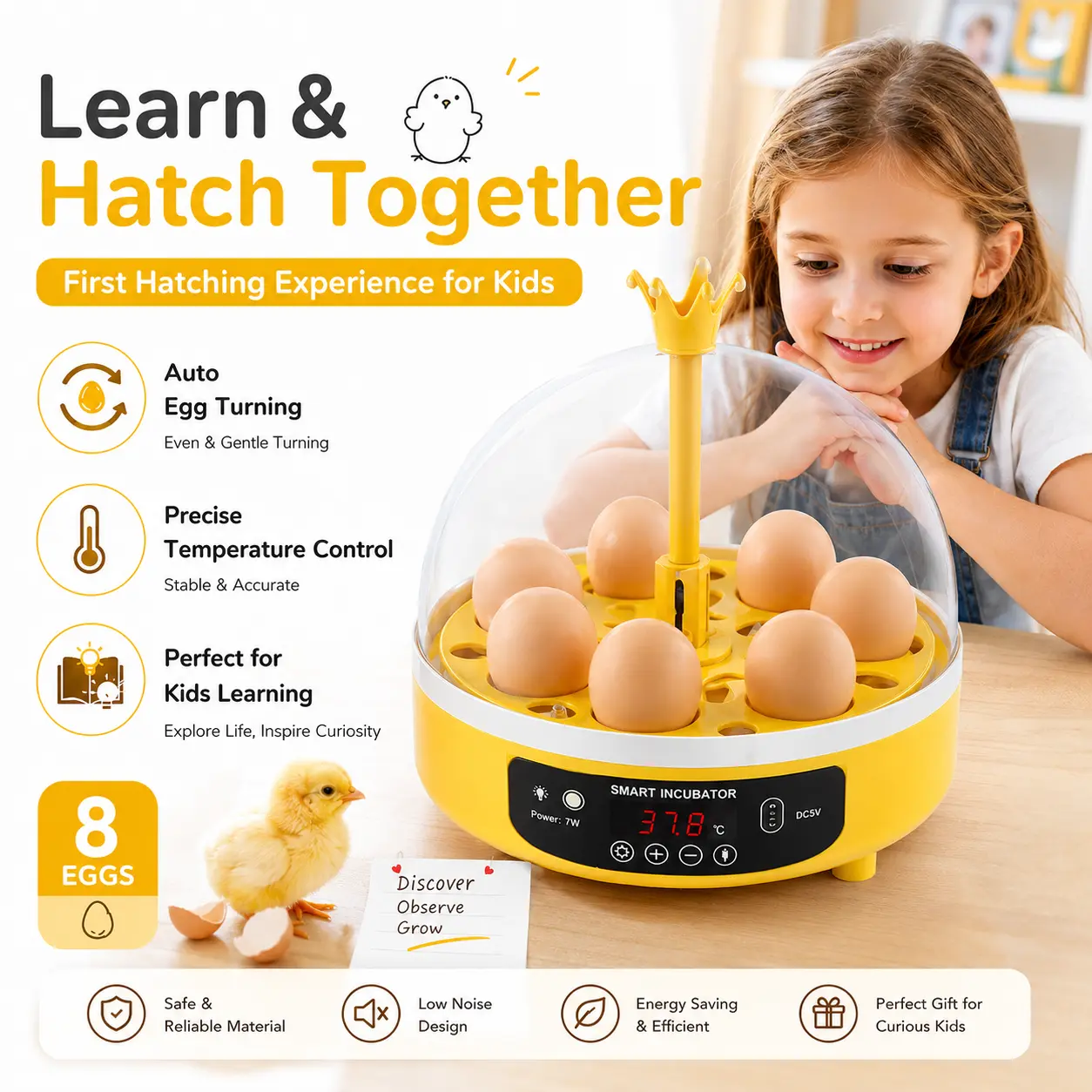8-Egg Mini Incubator for Kids with Automatic Egg Turning | Fun Educational Hatching Kit with Precise Temp Control | The Perfect Birthday/Holiday Gift for Curious Kids to Explore Life Home