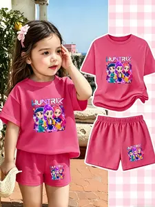 Girls' Summer Cartoon Print Two-Piece Set, Casual Slim-Fit Short Sleeve and Shorts, Breathable and Comfortable, Perfect for Daily Wear