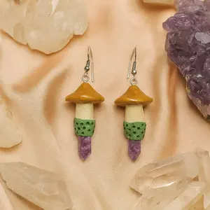Mystic Grove Mushroom Earrings OOAK Polymer Clay with Amethyst Crystal Points Hypoallergenic Hooks 2 Inch Length for Adults Spiritual Protection Intuition Peace