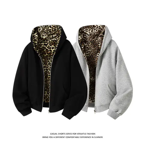 Men's Hooded Cropped Sweatshirt - Autumn Winter Leopard Print Reversible Fleece Coat, Unisex High Street Casual Loose Stitch, Comfortable Everyday Tops Piece That Fits All